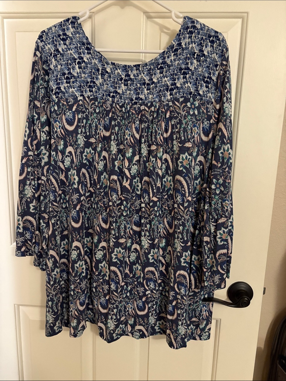 Lucky Brand Navy Paisley Long Sleeve Peasant Top